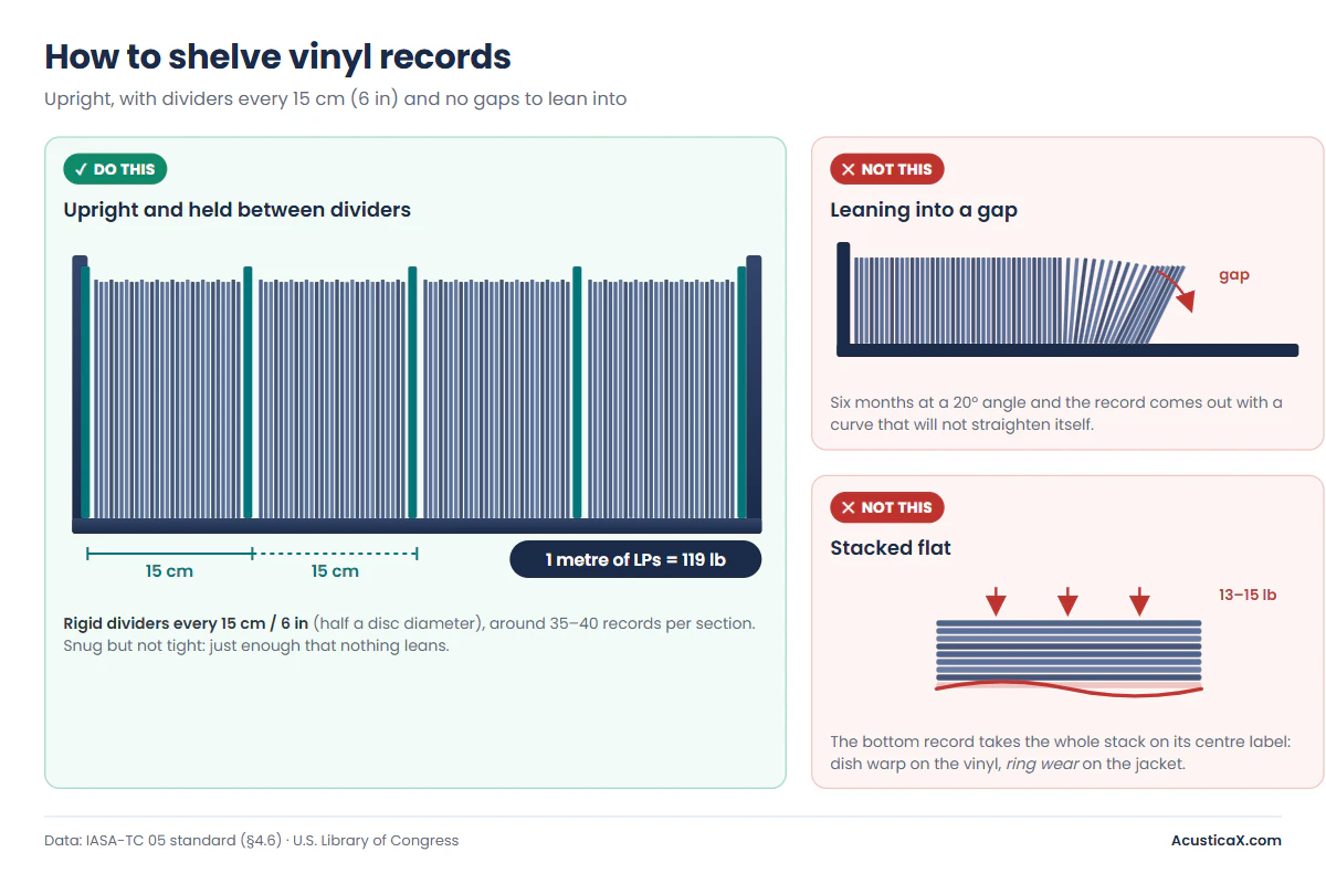 How to store vinyl records on a shelf: upright, with dividers every 15 cm and no leaning records