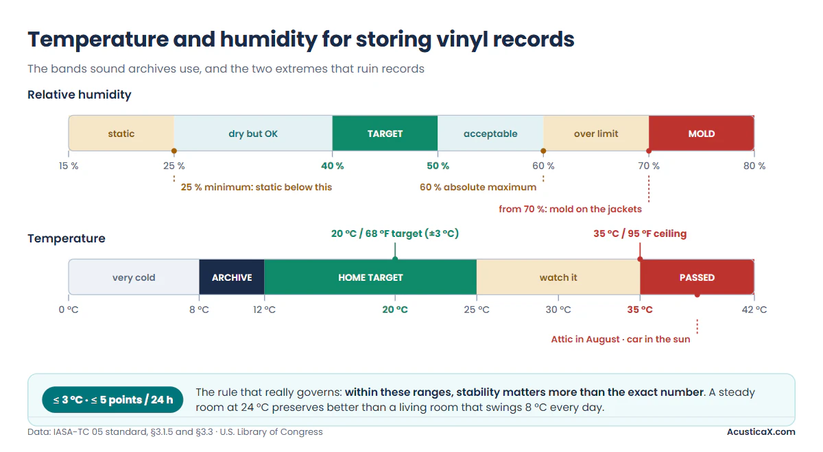 Temperature and humidity for storing vinyl records: a 40-50% target band, static below 25% and mold above 70%
