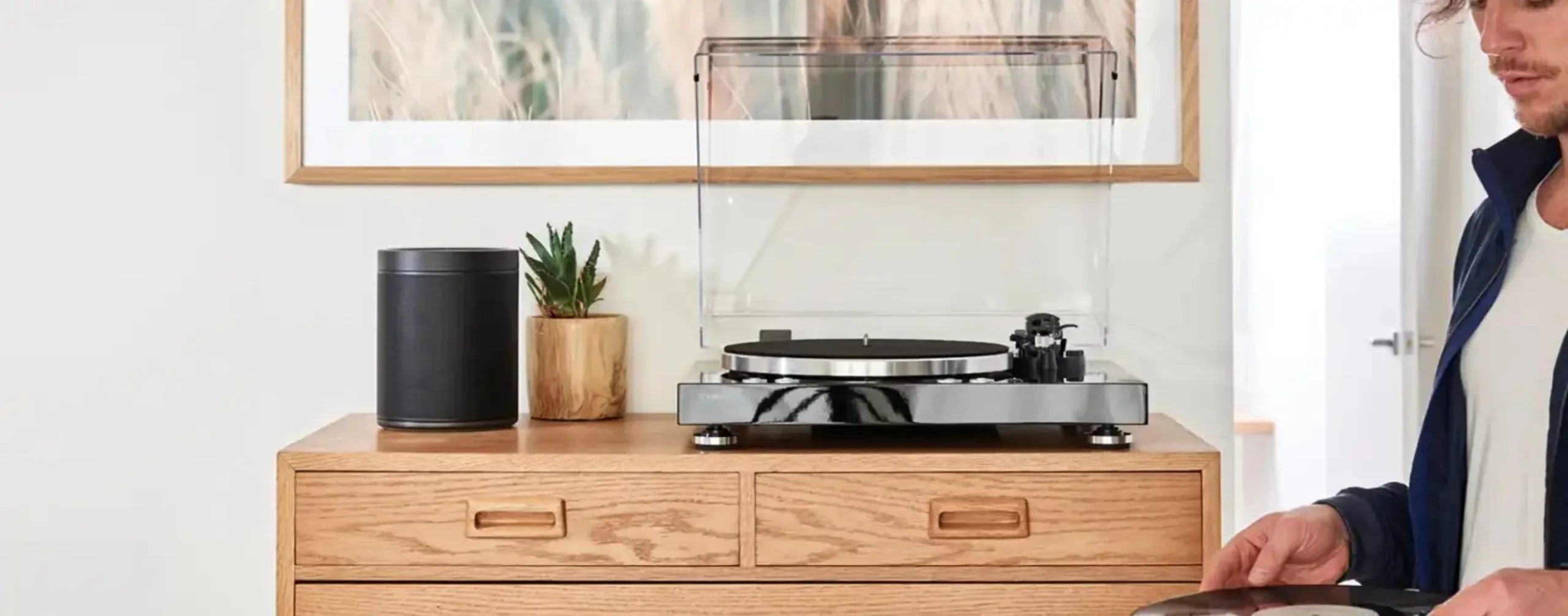 record player on cabinet