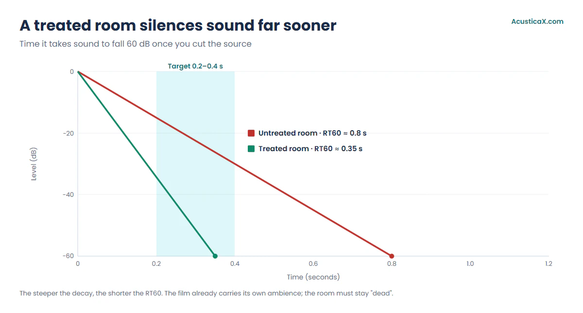 RT60 decay curve of a reverberant living room versus a treated one, with the 0.2 to 0.4 second target band