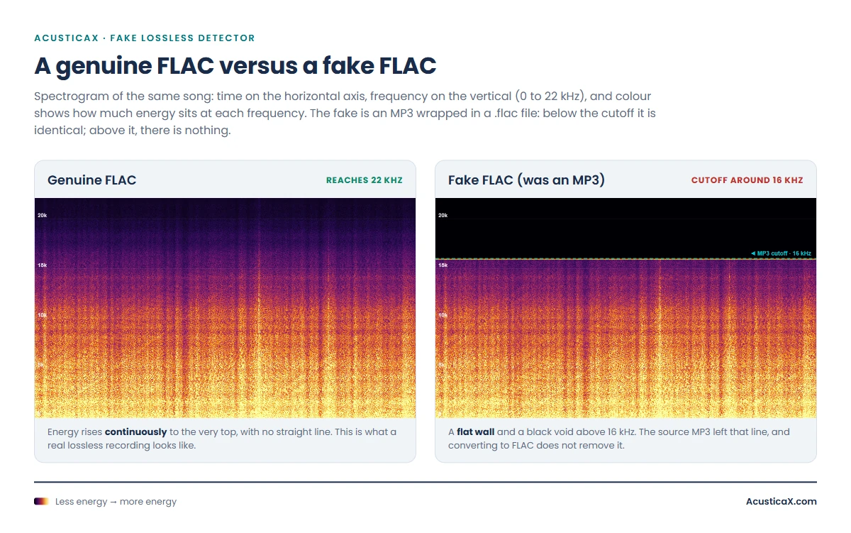 Spectrogram of a genuine FLAC versus a fake FLAC: the genuine one reaches 22 kHz while the fake shows a flat MP3 cutoff around 16 kHz