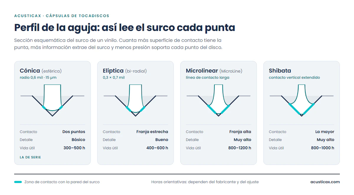 Sección del surco de un vinilo con la zona de contacto de una aguja cónica, elíptica, microlinear y Shibata
