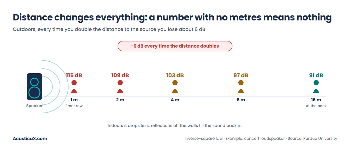 Distance on the decibel chart: a concert loudspeaker goes from 115 dB in the front row to 91 dB at the back