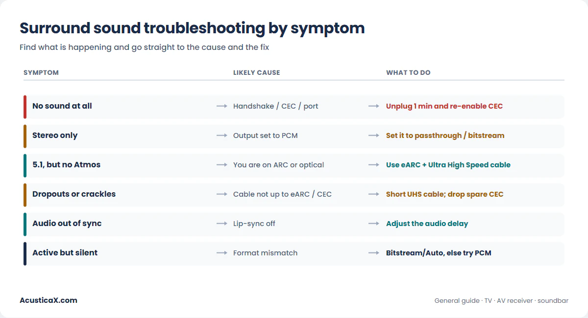 Decision tree for surround sound not working: no sound, stereo only, no Atmos, dropouts and lip-sync