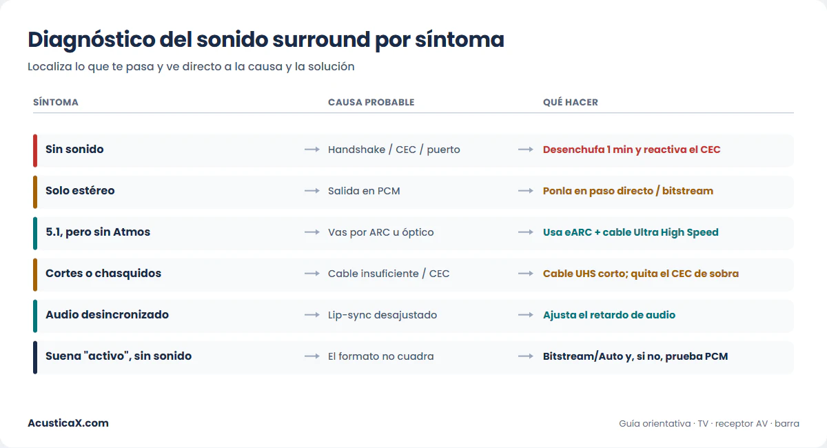 Árbol de diagnóstico cuando el sonido surround no funciona: sin sonido, solo estéreo, sin Atmos, cortes y desincronía