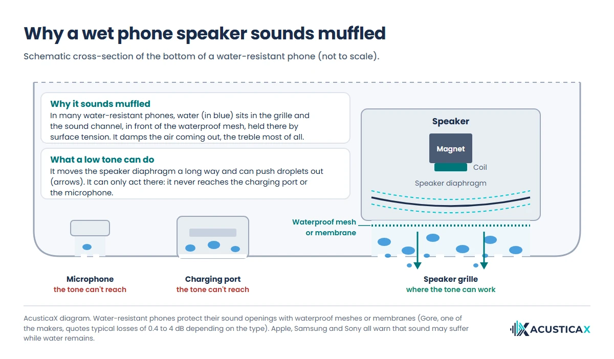 Cross-section of a wet phone speaker: water sits in the grille and sound channel, which is why it sounds muffled until it dries