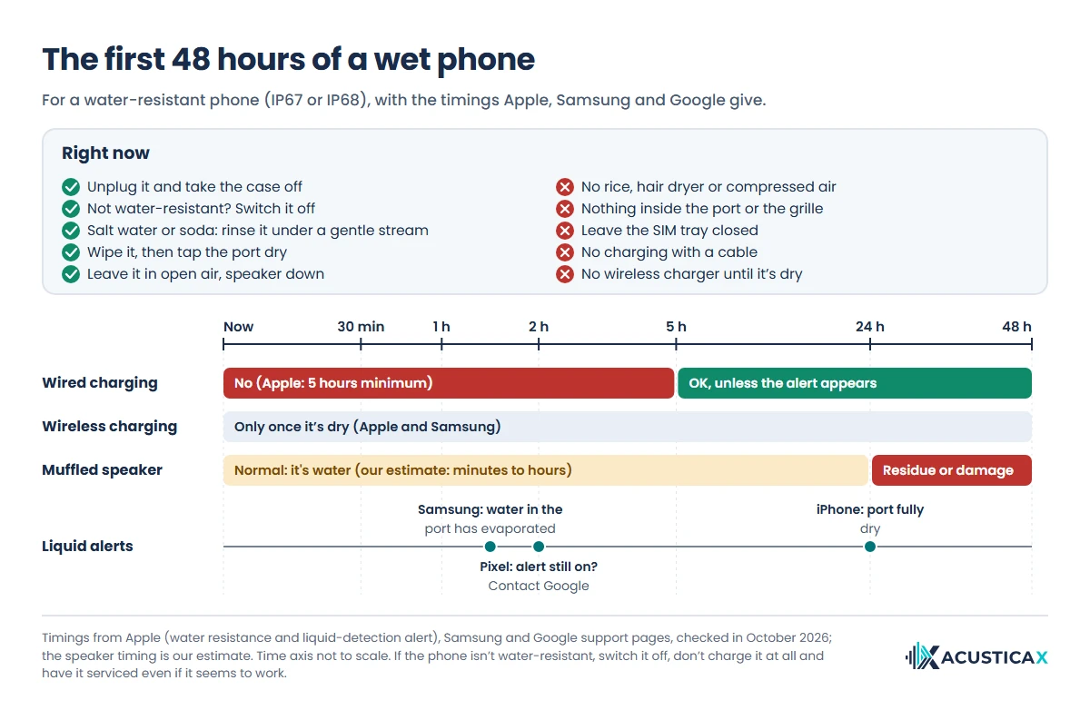 What to do with a wet phone over the first 48 hours: when to charge it, when the speaker clears and what the alerts mean